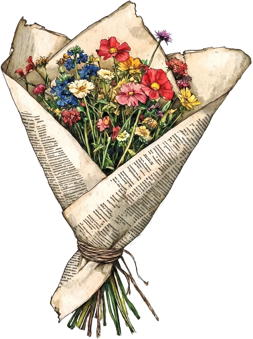 An illustrated bouquet of wildflowers wrapped in vintage newspaper