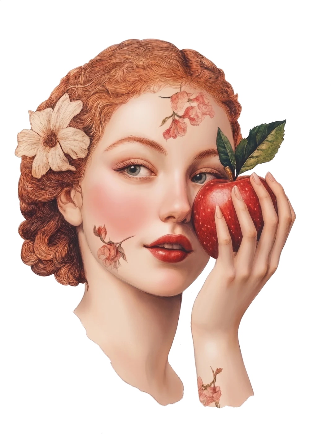 Illustration of a woman with flowers in her hair holding a red apple
