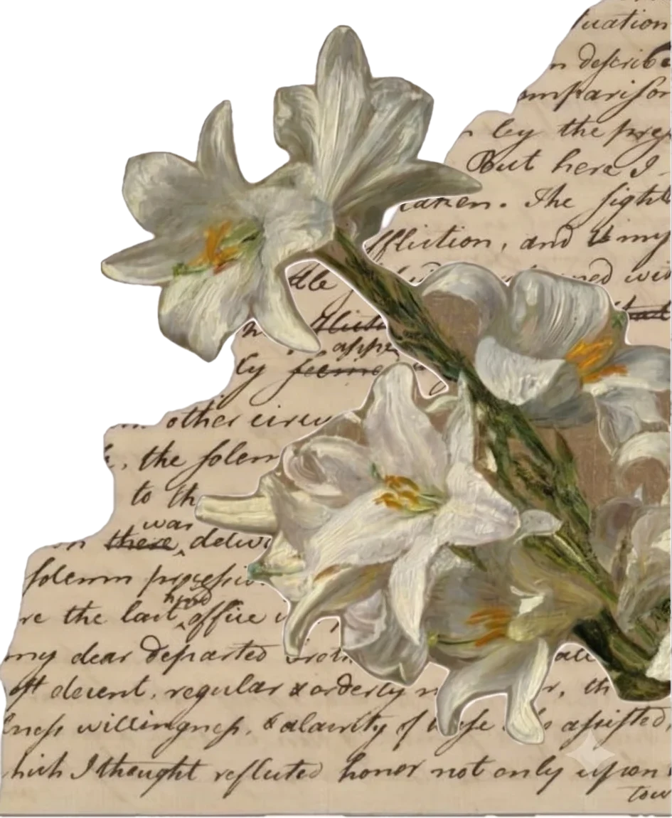 White lilies resting on a torn piece of a handwritten letter