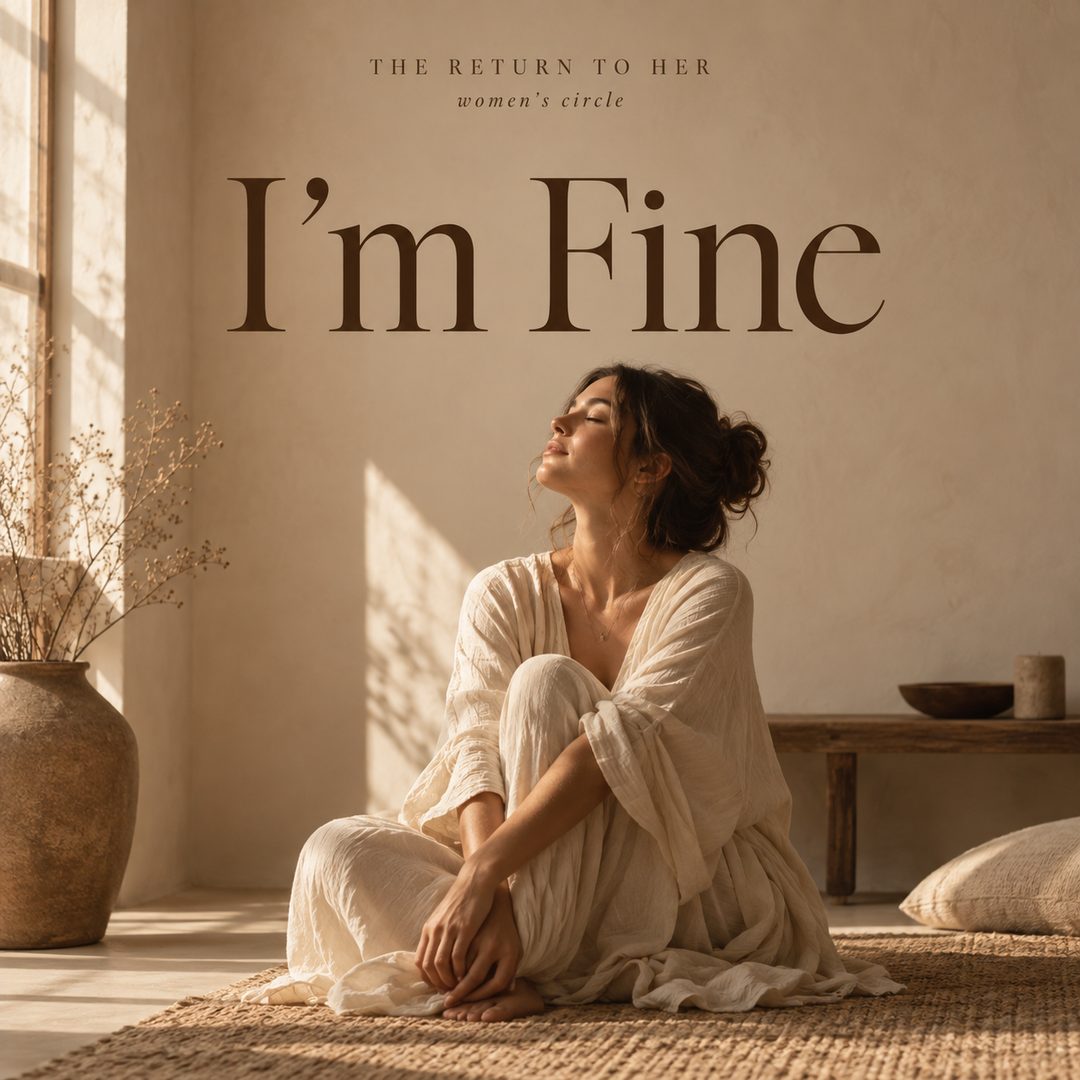 Poster for I'm Fine: a woman sitting on the floor in warm window light, hugging her knees, eyes closed and face turned up.