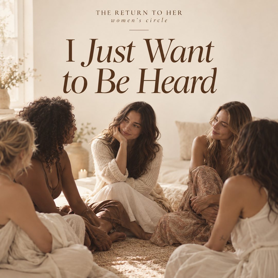 Poster for I Just Want to Be Heard: women sitting close together on the floor of a sunlit room, listening to each other.
