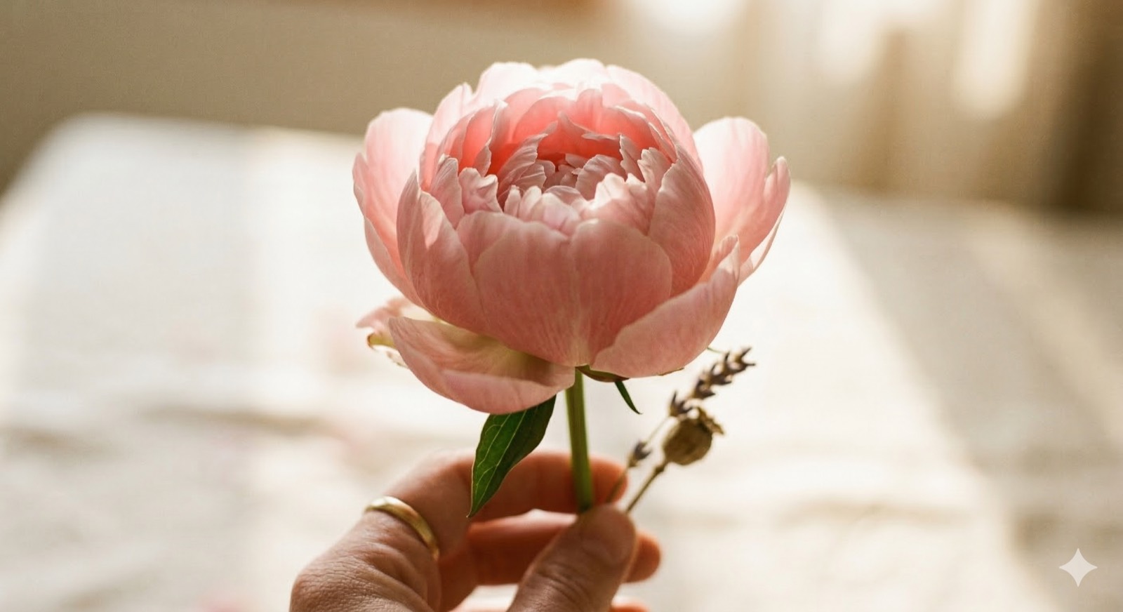 A soft pink flower held gently in a hand