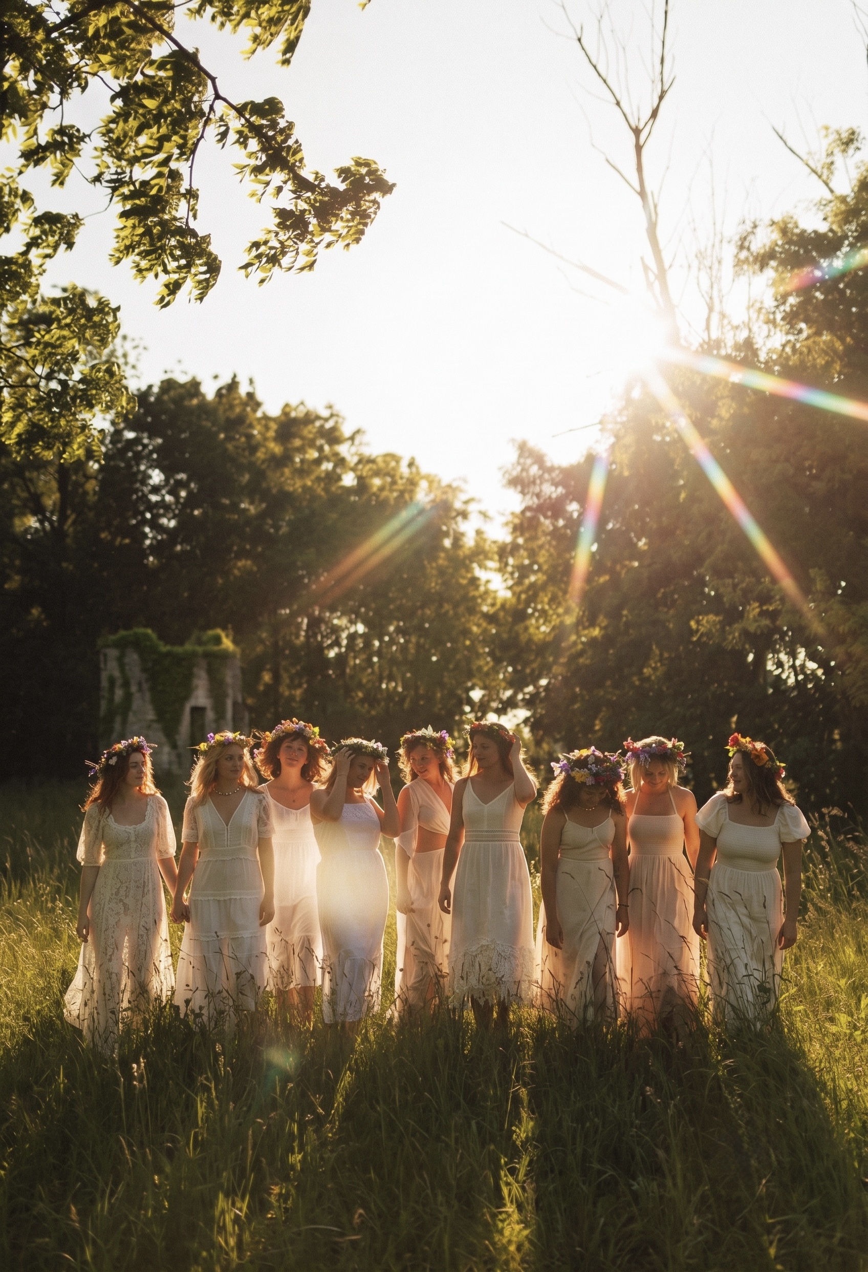 A group of women in white dresses with flower crowns standing together at sunset