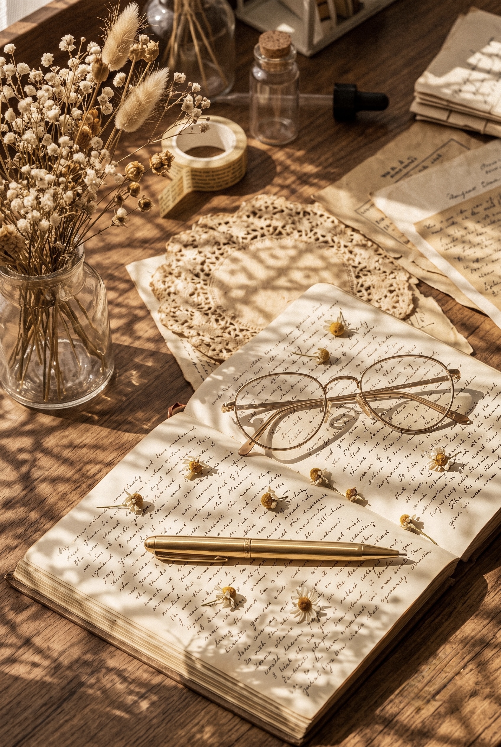 An open handwritten journal with a pen and glasses on a wooden desk