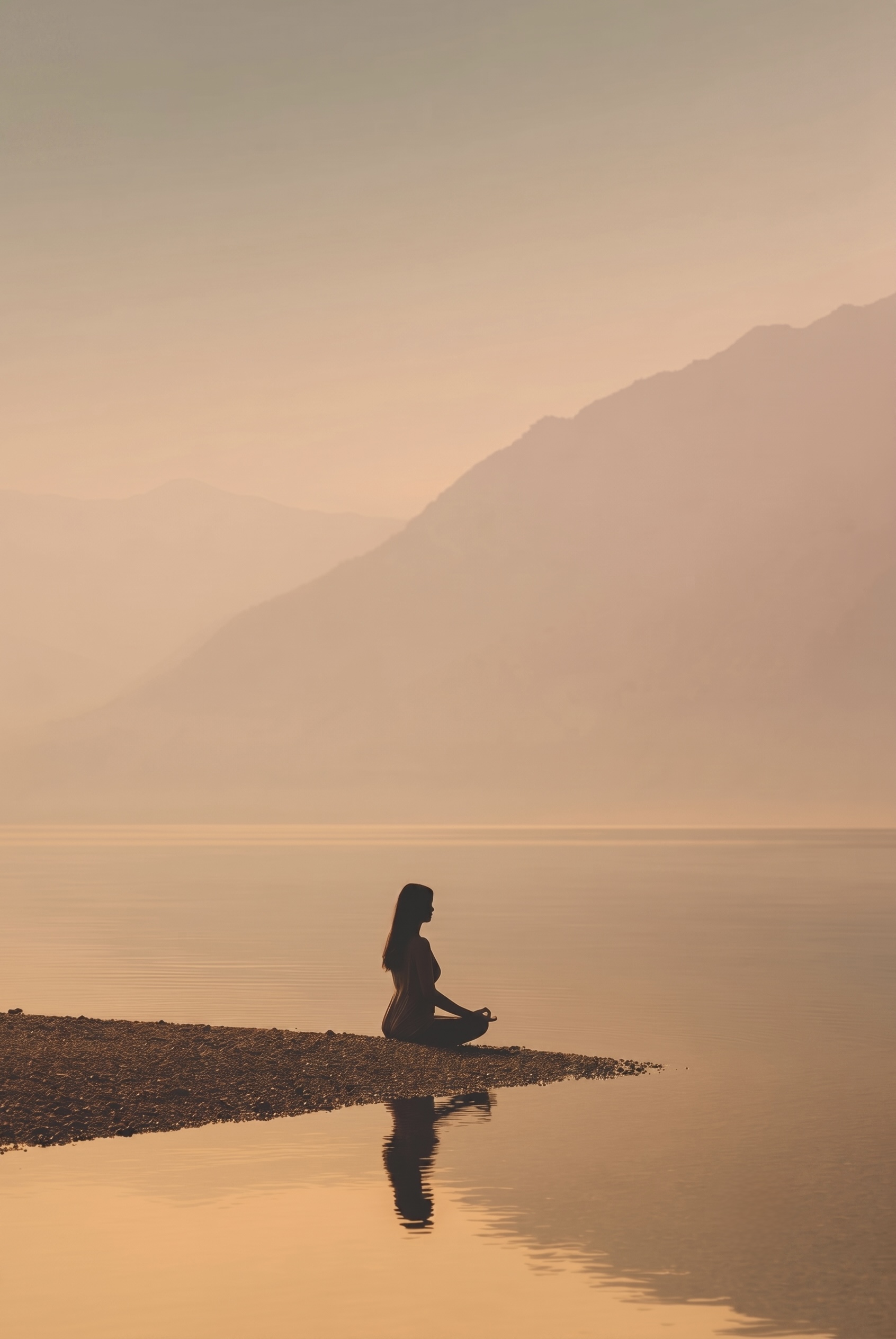 A woman meditating by a still lake at dawn