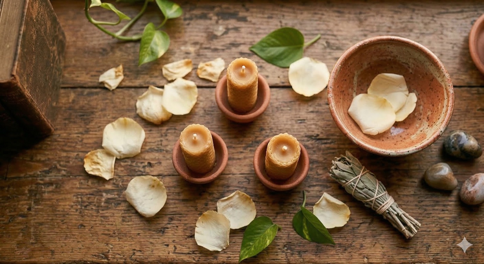 Candles, petals, and a small ritual arrangement on a wooden table