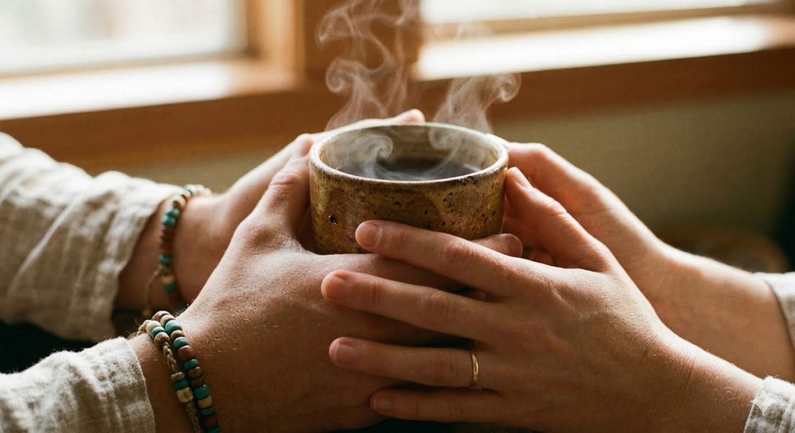Hands holding a warm mug by a window