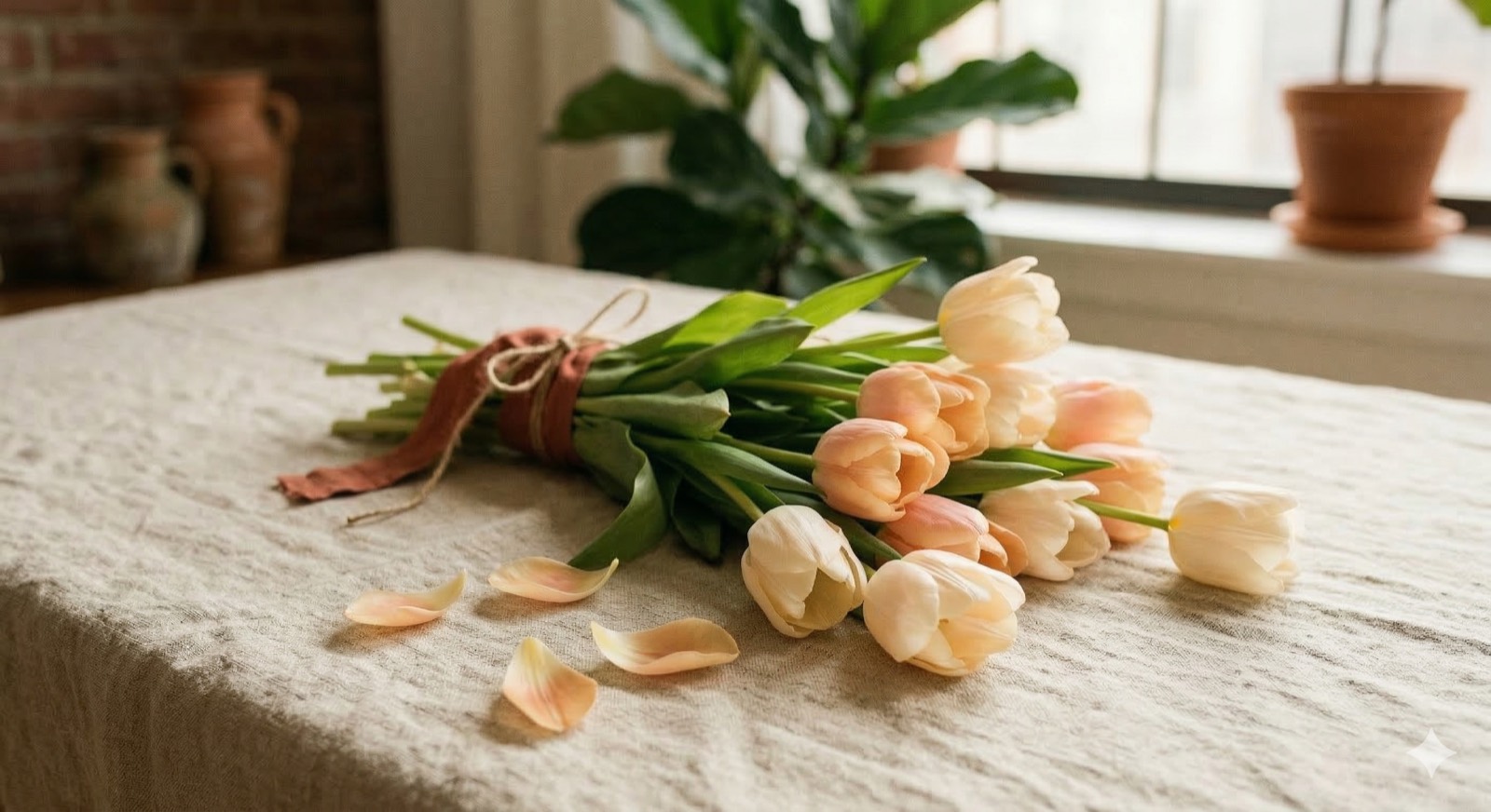 A bouquet of tulips resting on a linen-covered table